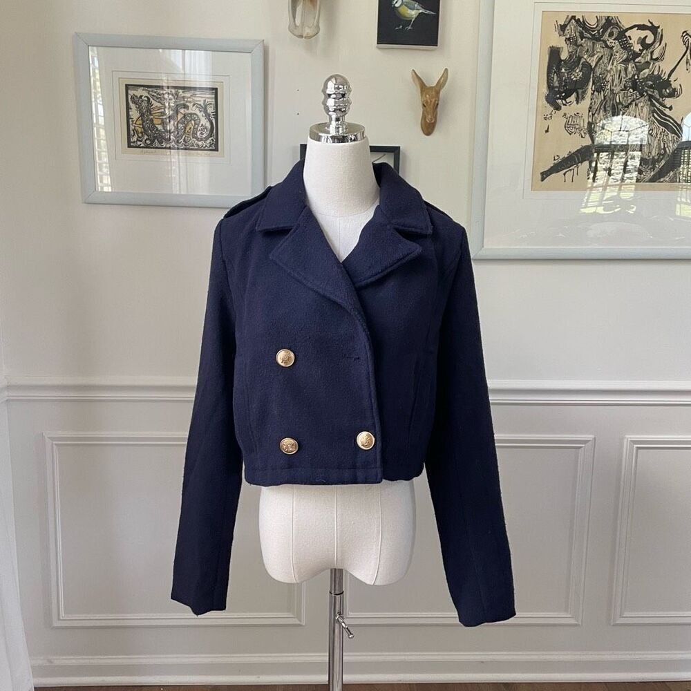 NWT 7 For All Mankind 7FAM Navy Blue Cropped Pea Coat Military XS. FLAWED